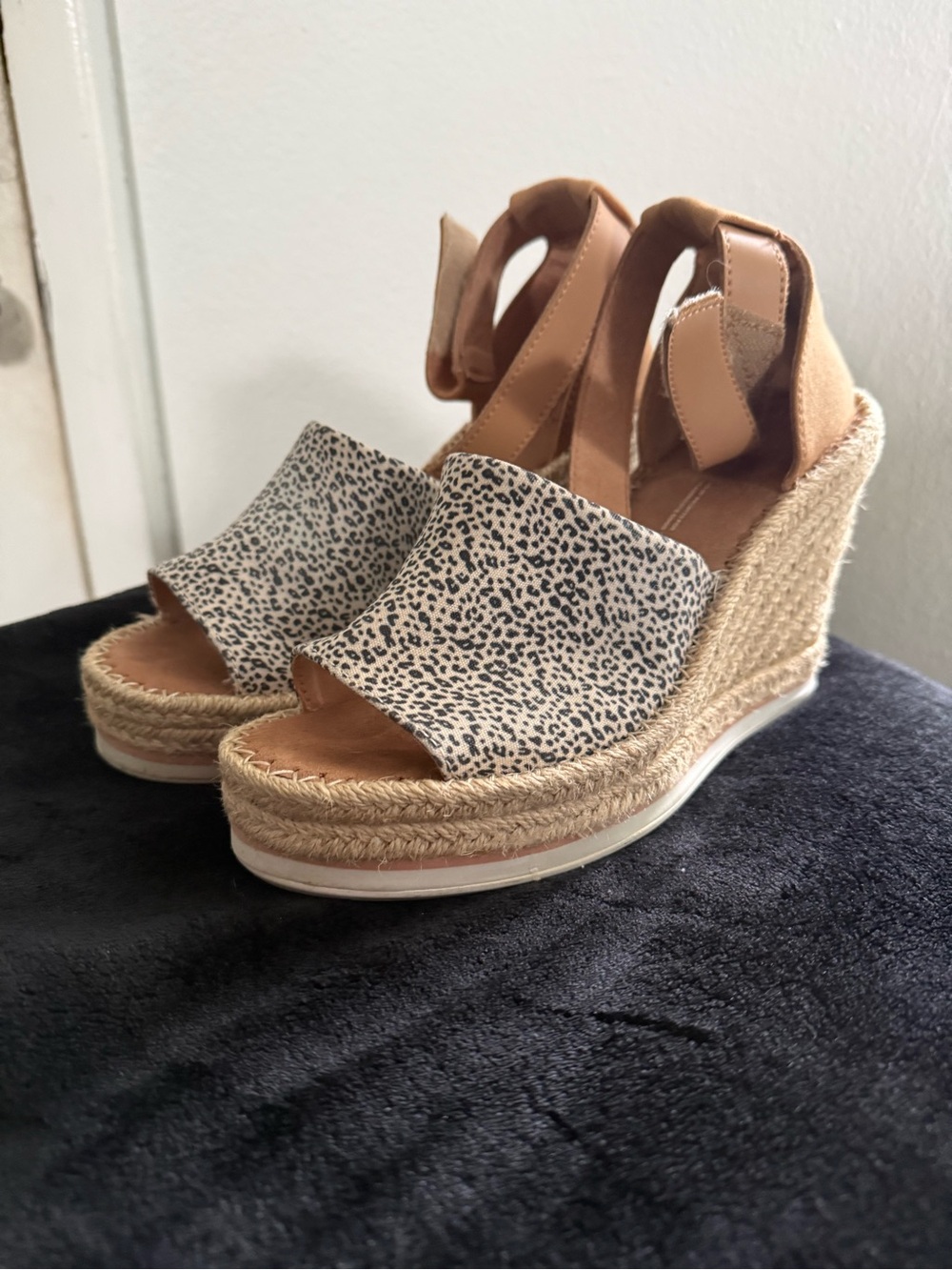 Toms Leopard Print Wedge Espadrilles with Tan Ankle Strap